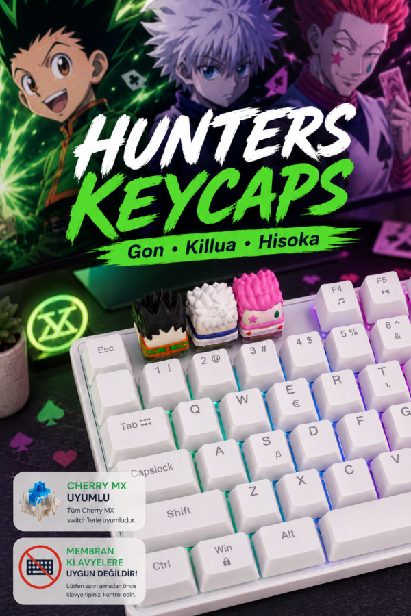 Gon Killua ve Hisoka Hunter x Hunter keycaps seti Gon temalı Cherry MX uyumlu anime keycap Killua temalı mekanik klavye tuşu Hisoka temalı renkli anime keycap Hunter x Hunter 3'lü keycap seti klavye görünümü Cherry MX uyumlu Gon Killua Hisoka keycap seti