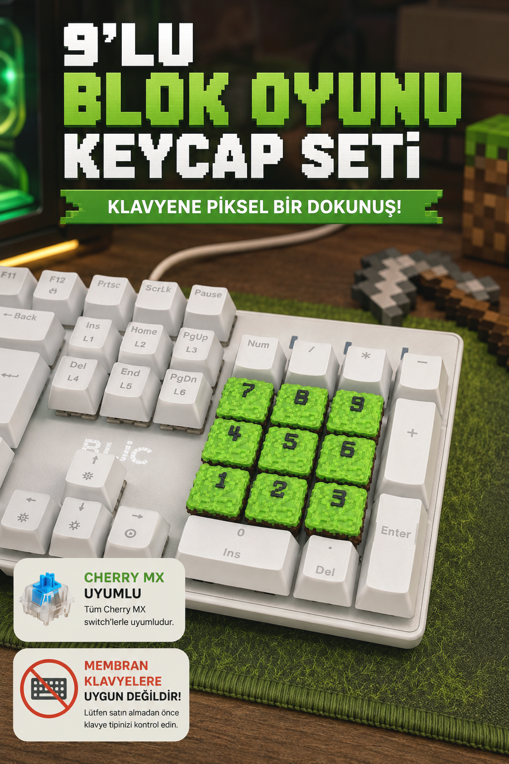 Mc1 Blok Oyunu Keycaps Seti | 9’lu Yeşil Piksel Tasarım - Görsel 1