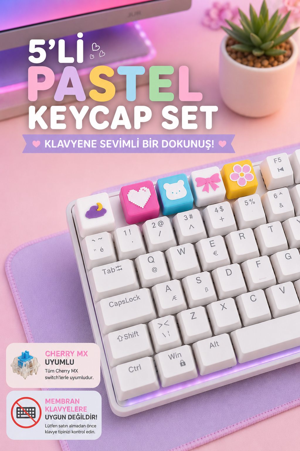 Pastel1 Pastel Keycaps Seti | 5’li Renkli Figür Tasarımı - Görsel 1