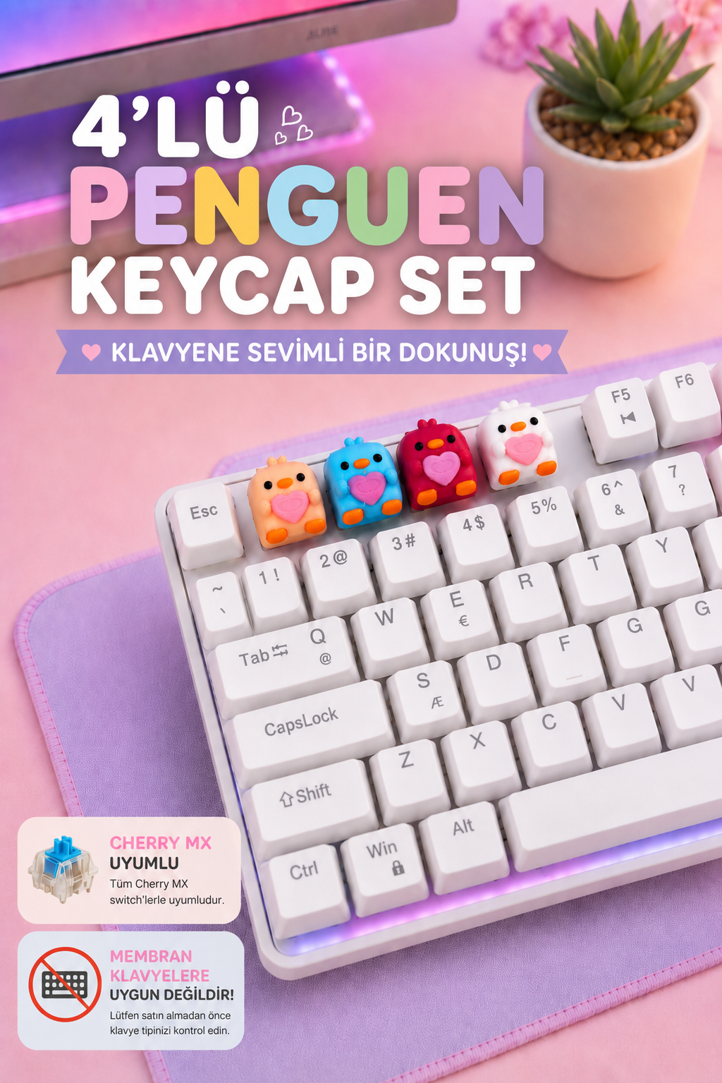 penguen1 Penguen Keycaps Seti | 4’lü Renkli Tasarım - Görsel 1