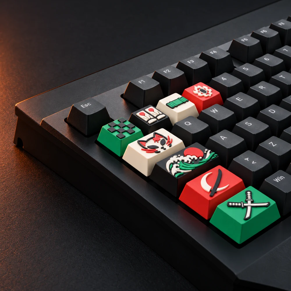Demon Slayer Anime Keycaps seti, koyu gaming masasında klavye üzerinde